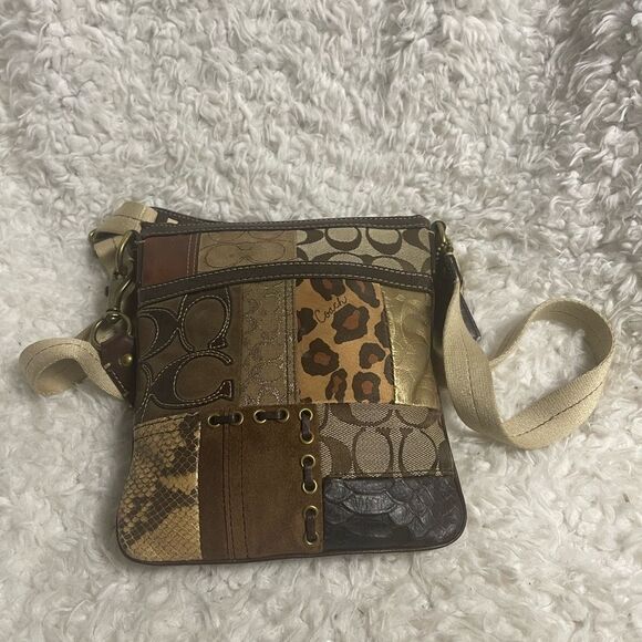 COACH Brown/Gold Metallic Signature Patchwork crossbody bag. - Picture 8 of 15
